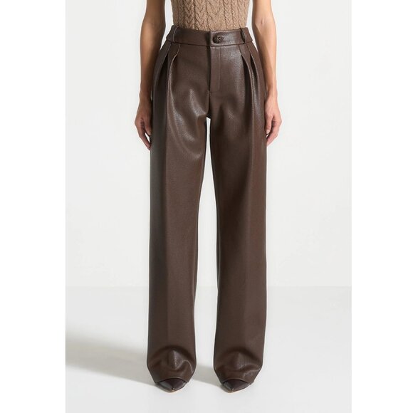 Maniere de Voir Pebbled Leather Pleated Stacked Trousers - Brown. Size 0. NWT - Picture 5 of 9